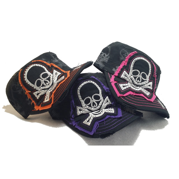 Distressed Skull Patch Elastic Back Hat - Metalhead Art & Design, LLC