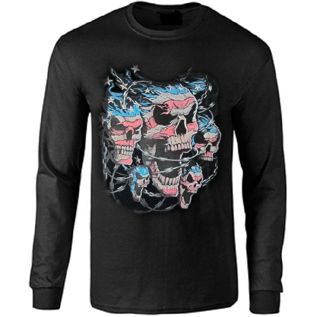 Patriotic Skulls With Razor Wire Long Sleeve T-shirt - Metalhead Art & Design, LLC 