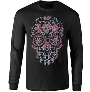 Pink Crystal Metal Chip Skull Long Sleeve T-shirt - Metalhead Art & Design, LLC 